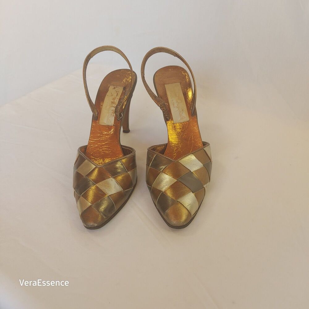 BAREFOOT ORIGINALS, Italy Ladies Size 8 Leather Metalic Slingback High Heels